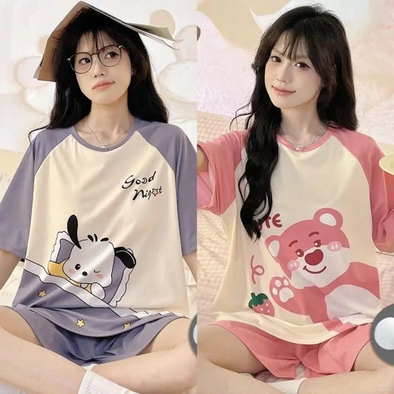 💕韩版睡衣女带胸垫夏季甜美休闲短袖睡衣女宽松家居服💕