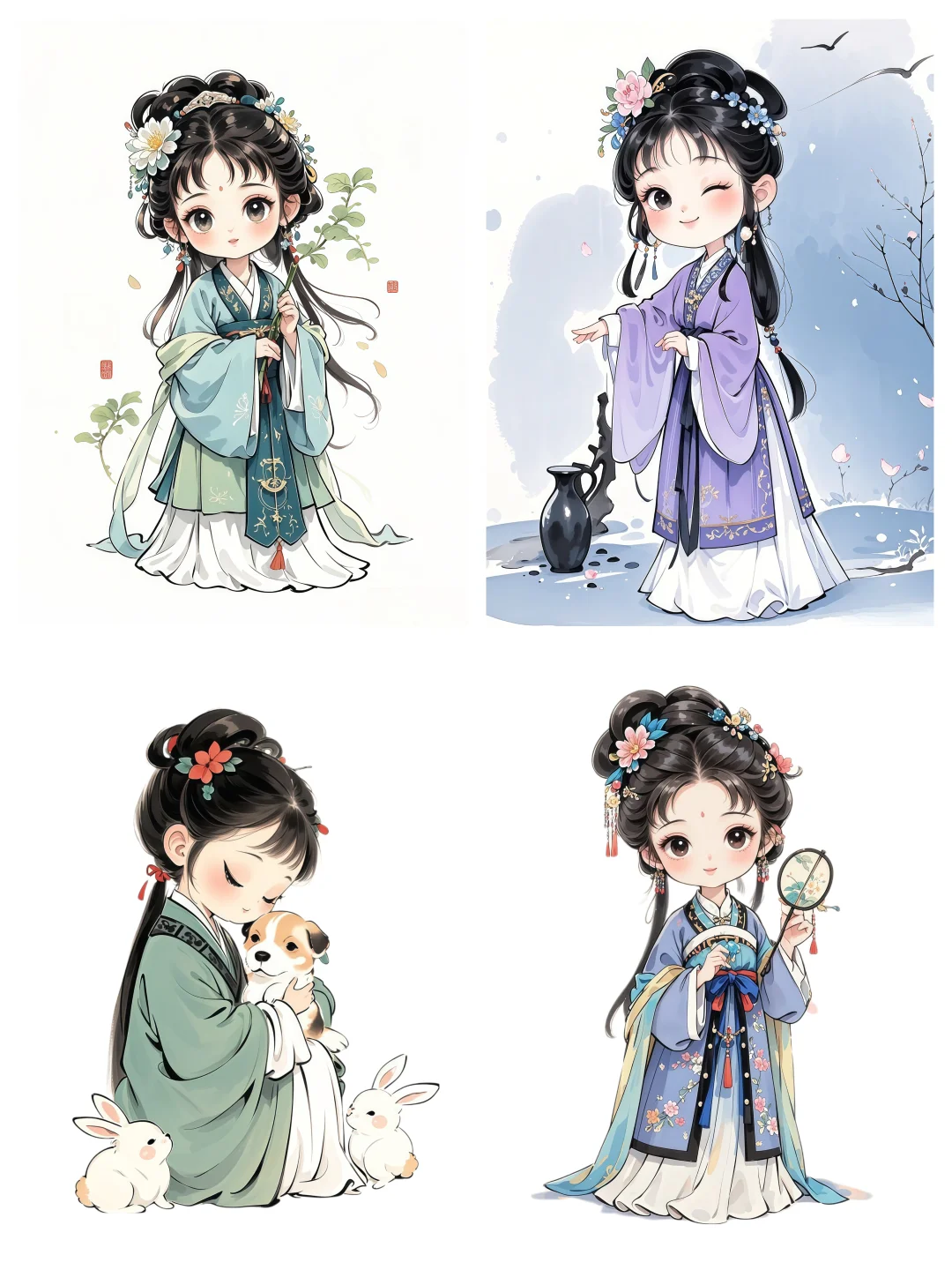 国潮/古风Q版唐装汉服可爱女孩人物插画素材