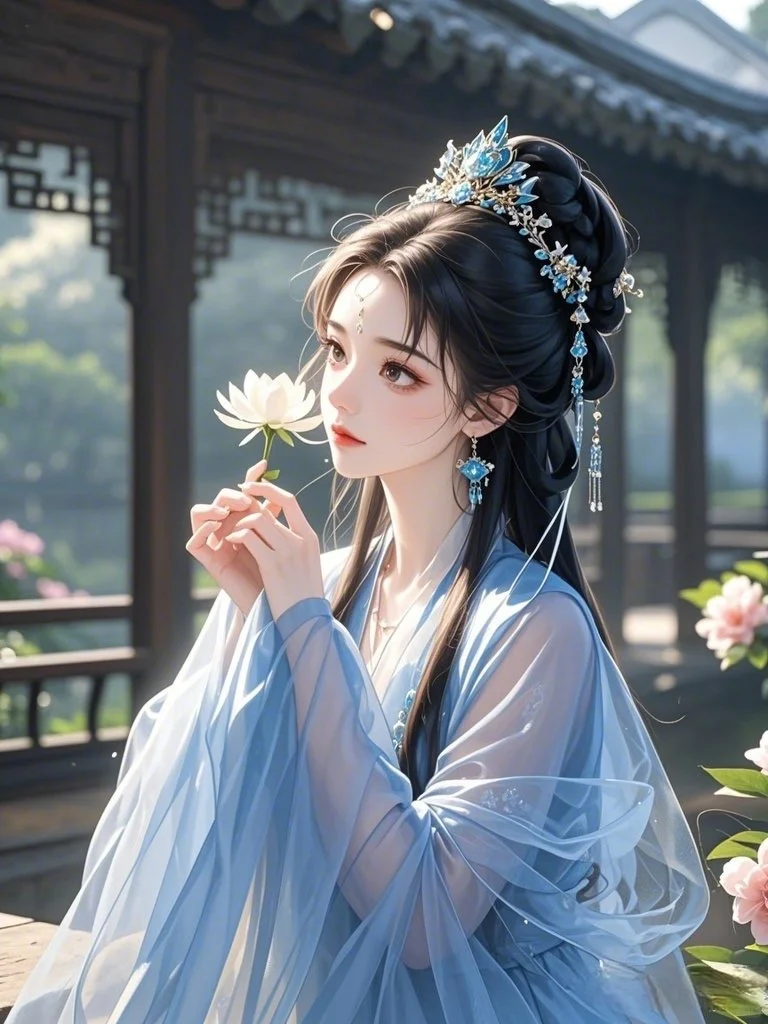 古风美人｜蓝衫仙姿映月眠