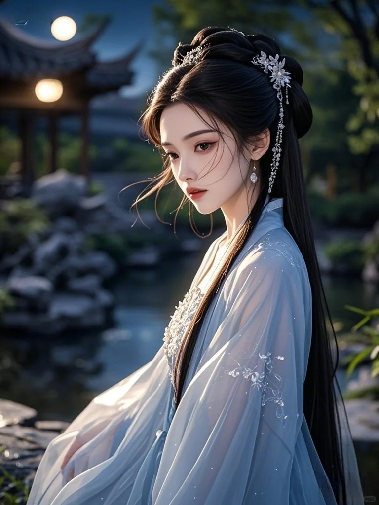 古风美人｜蓝衫仙姿映月眠