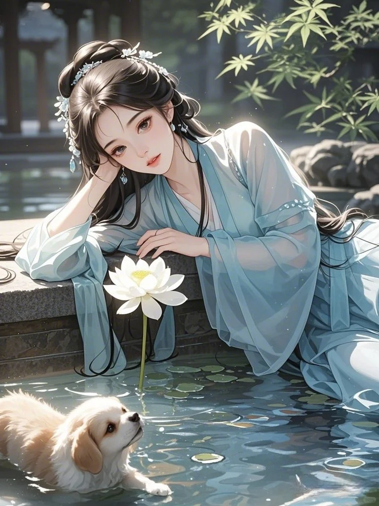 古风美人｜蓝衫仙姿映月眠