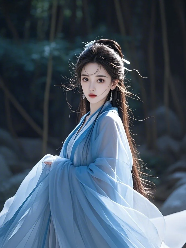 古风美人｜蓝衫仙姿映月眠