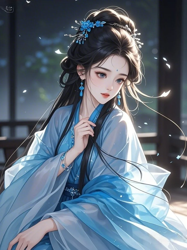 古风美人｜蓝衫仙姿映月眠