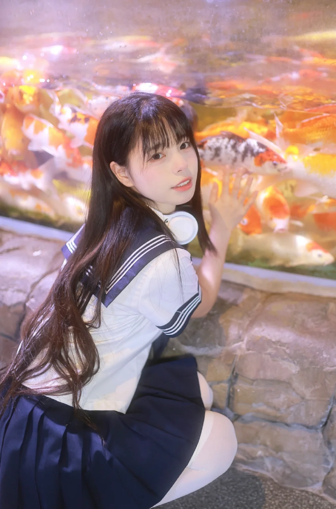 海洋馆 三本白 水手服 过膝袜