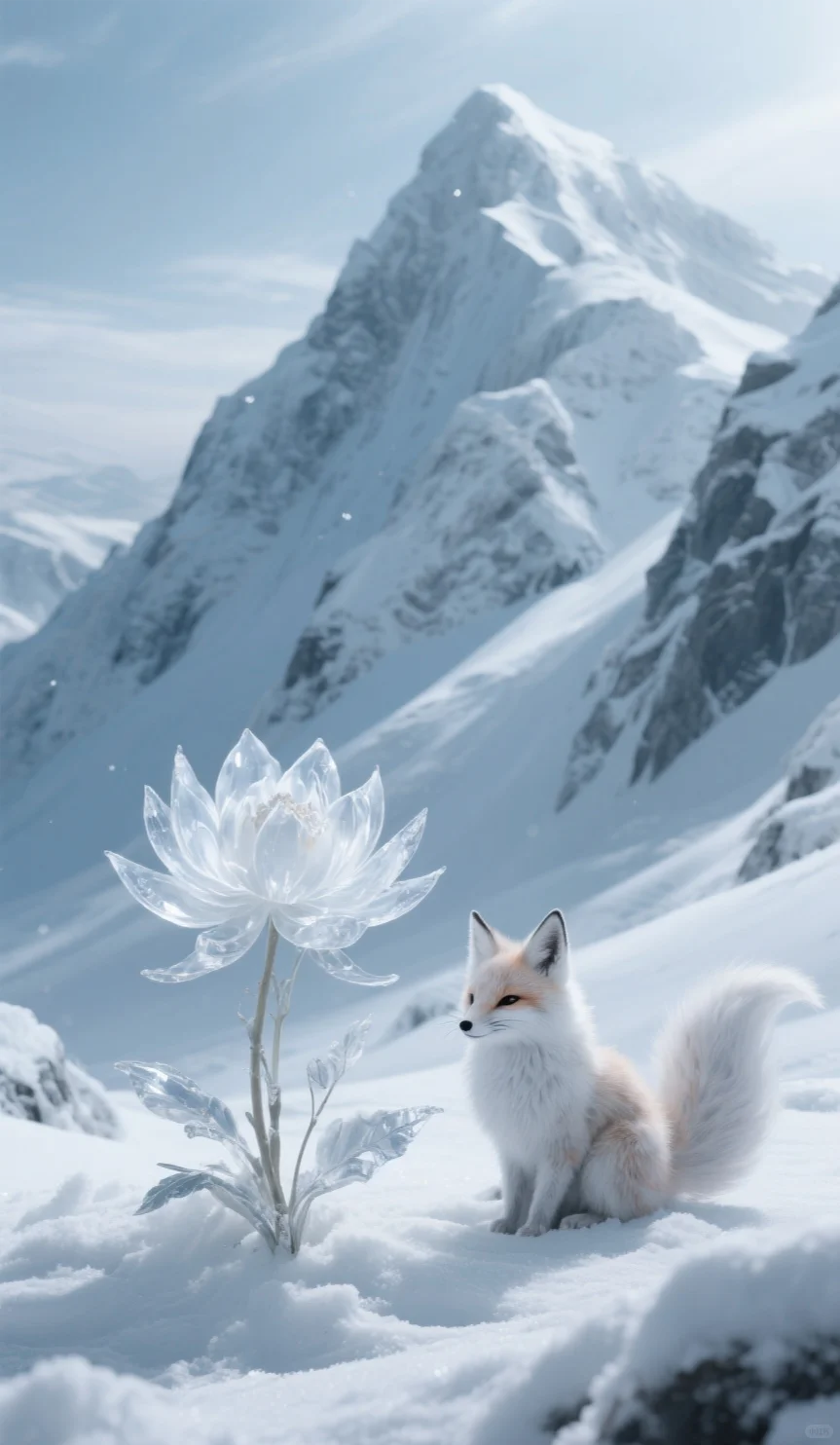 高山雪野,白狐相伴,这画绝了!