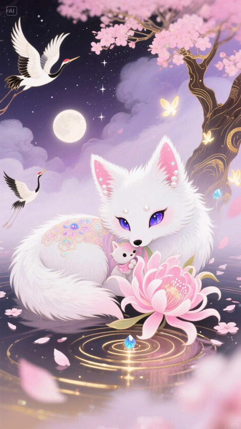 白狐·莲间月梦精美壁纸赏析。
