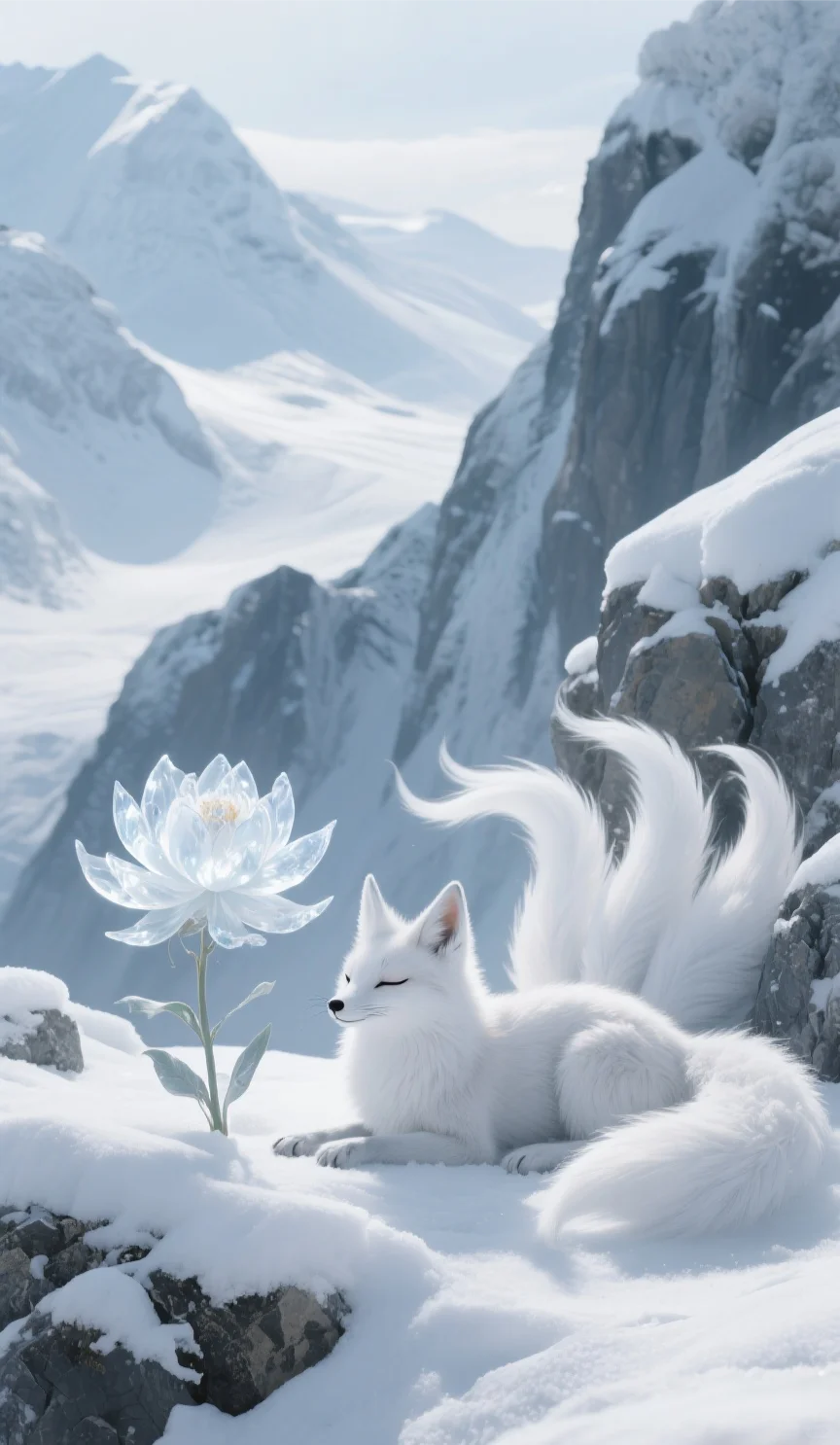 高山雪野,白狐相伴,这画绝了!
