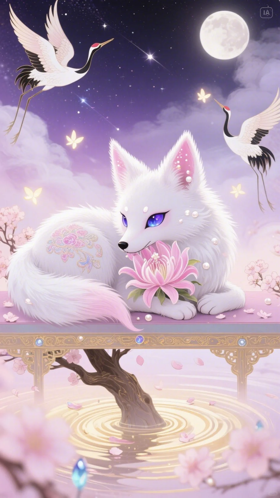  白狐·莲间月梦精美壁纸赏析。