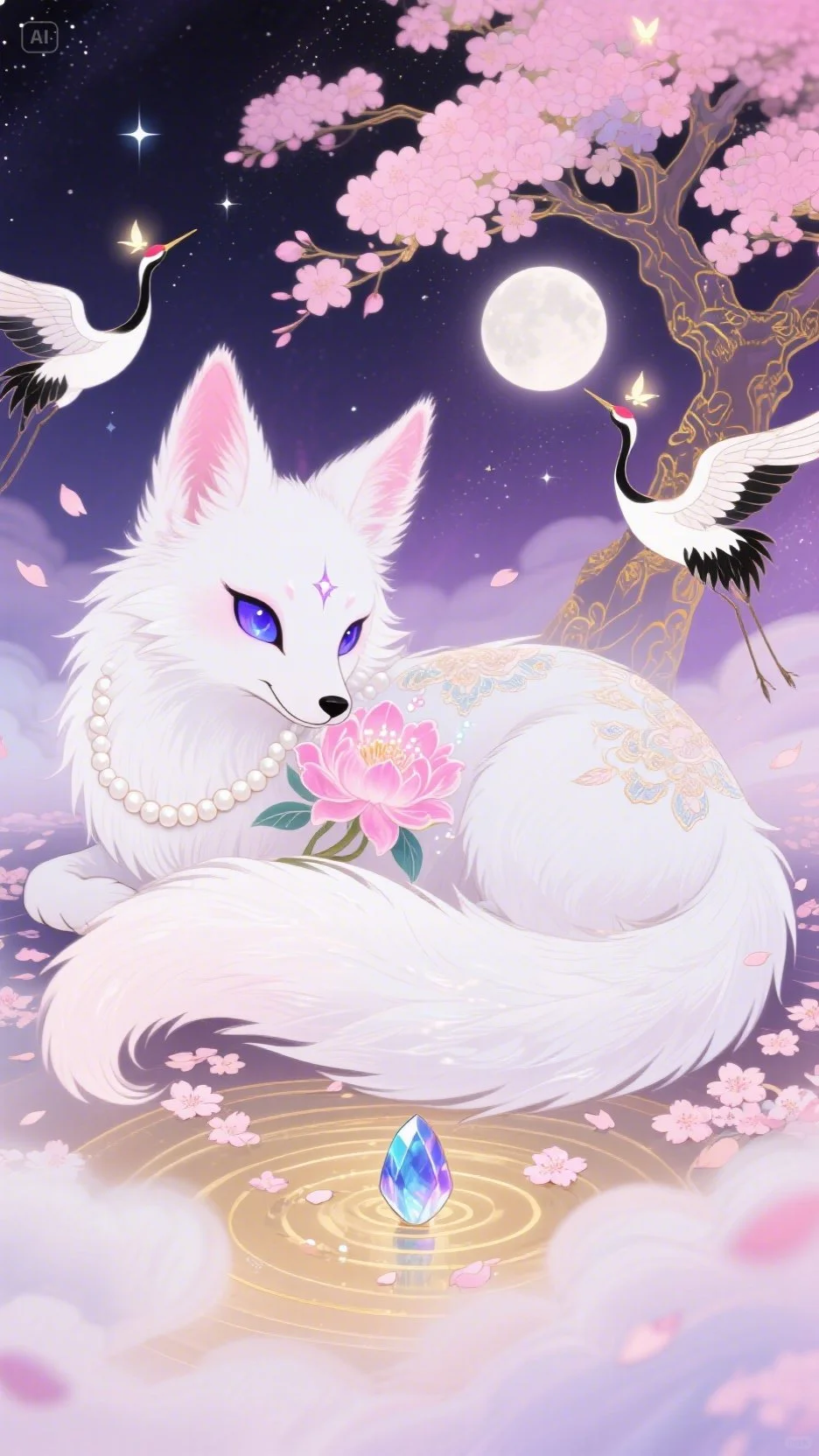  白狐·莲间月梦精美壁纸赏析。