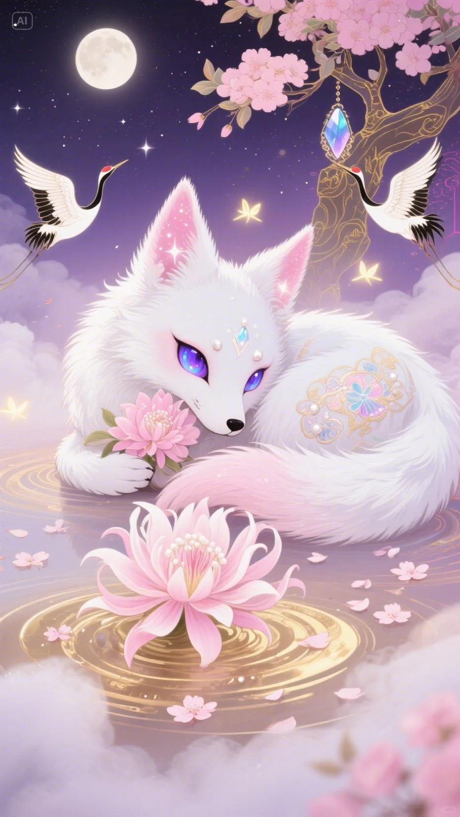  白狐·莲间月梦精美壁纸赏析。