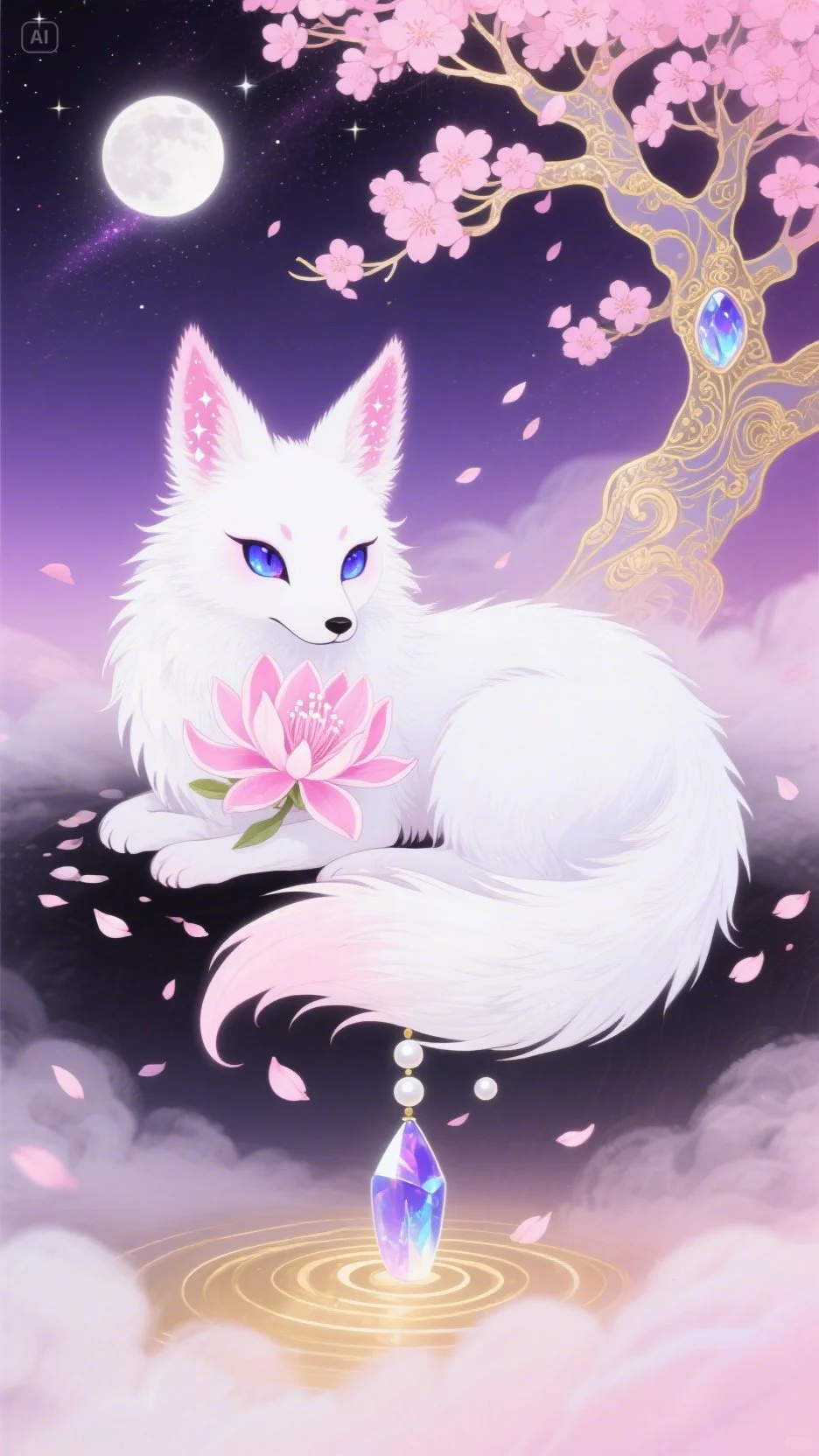  白狐·莲间月梦精美壁纸赏析。