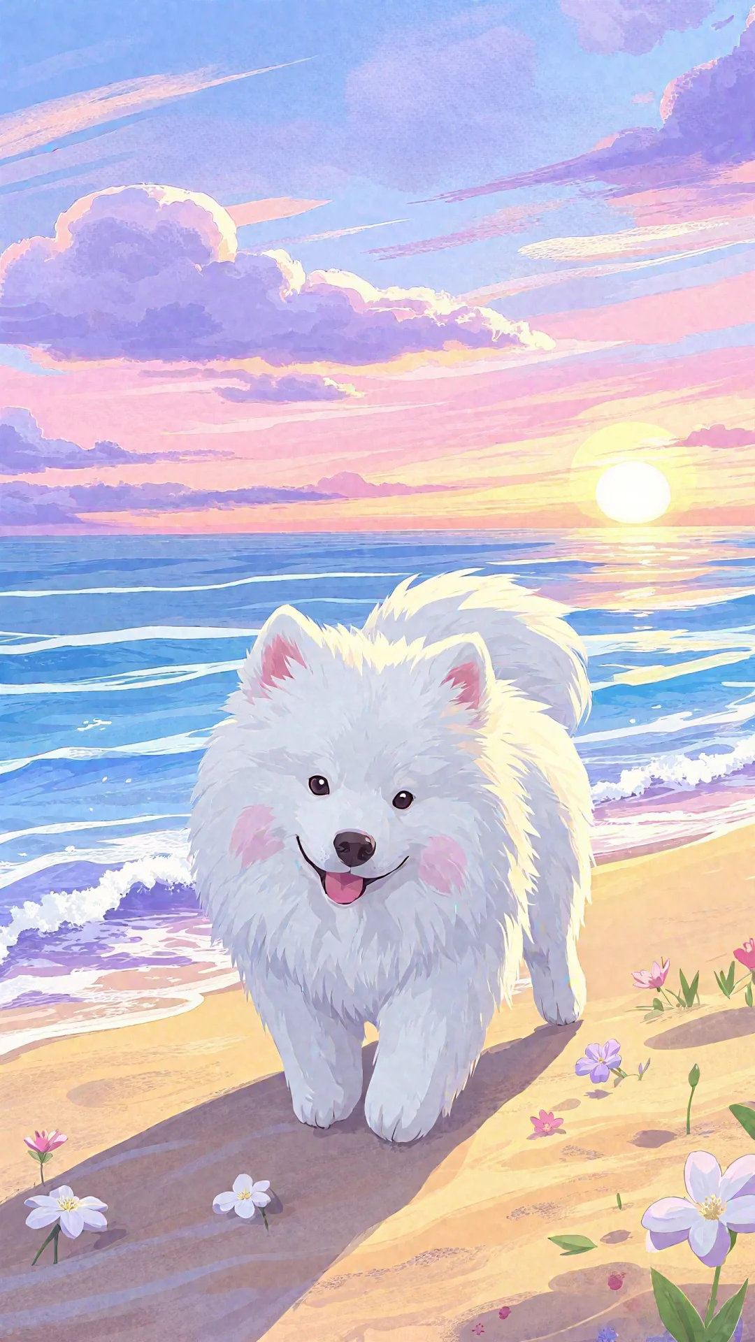 治愈插画壁纸丨🥥在海滩的椰耶！萨摩耶～