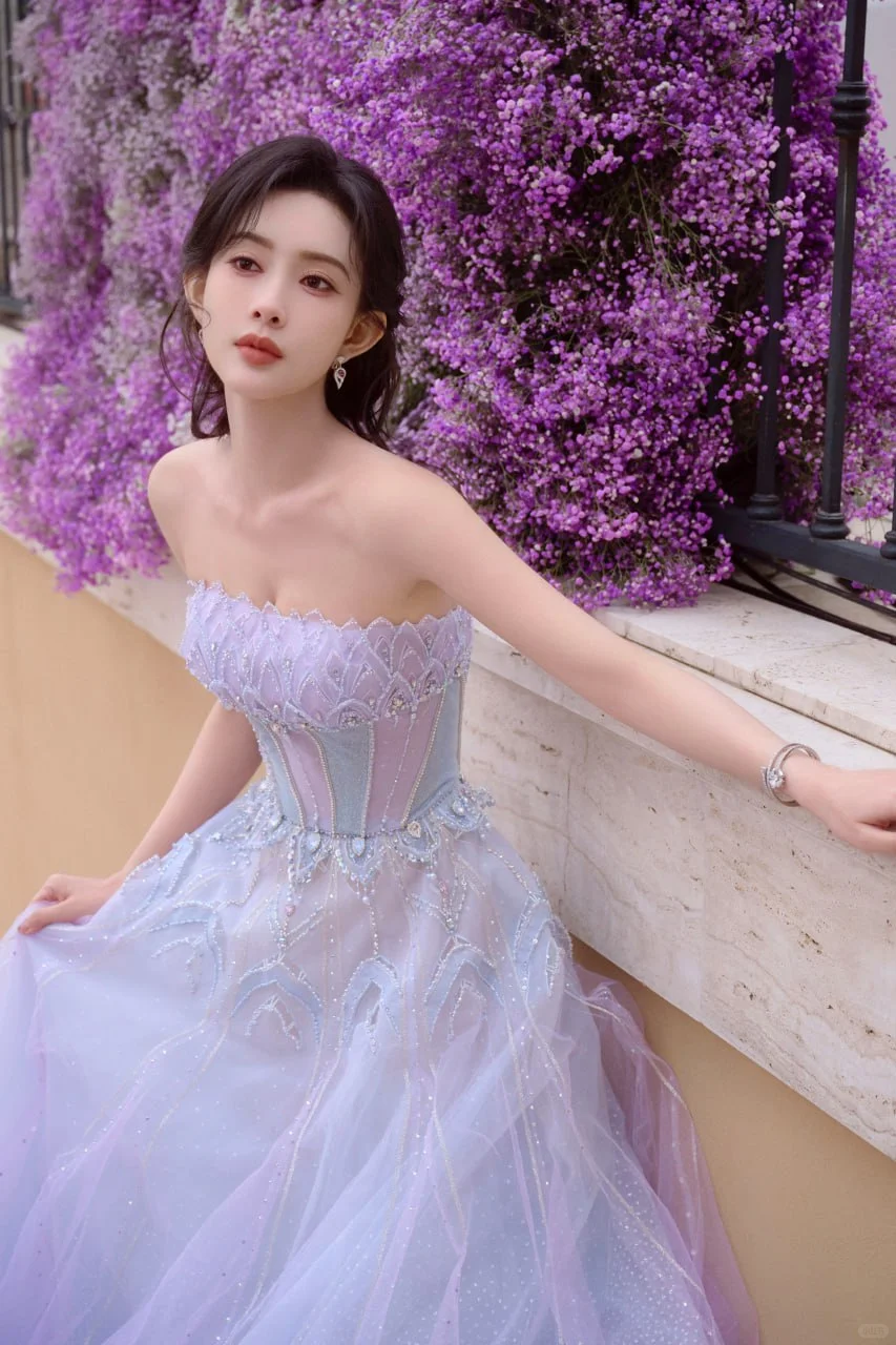#孟子义 一袭淡紫色抹胸纱裙，美得令人心醉