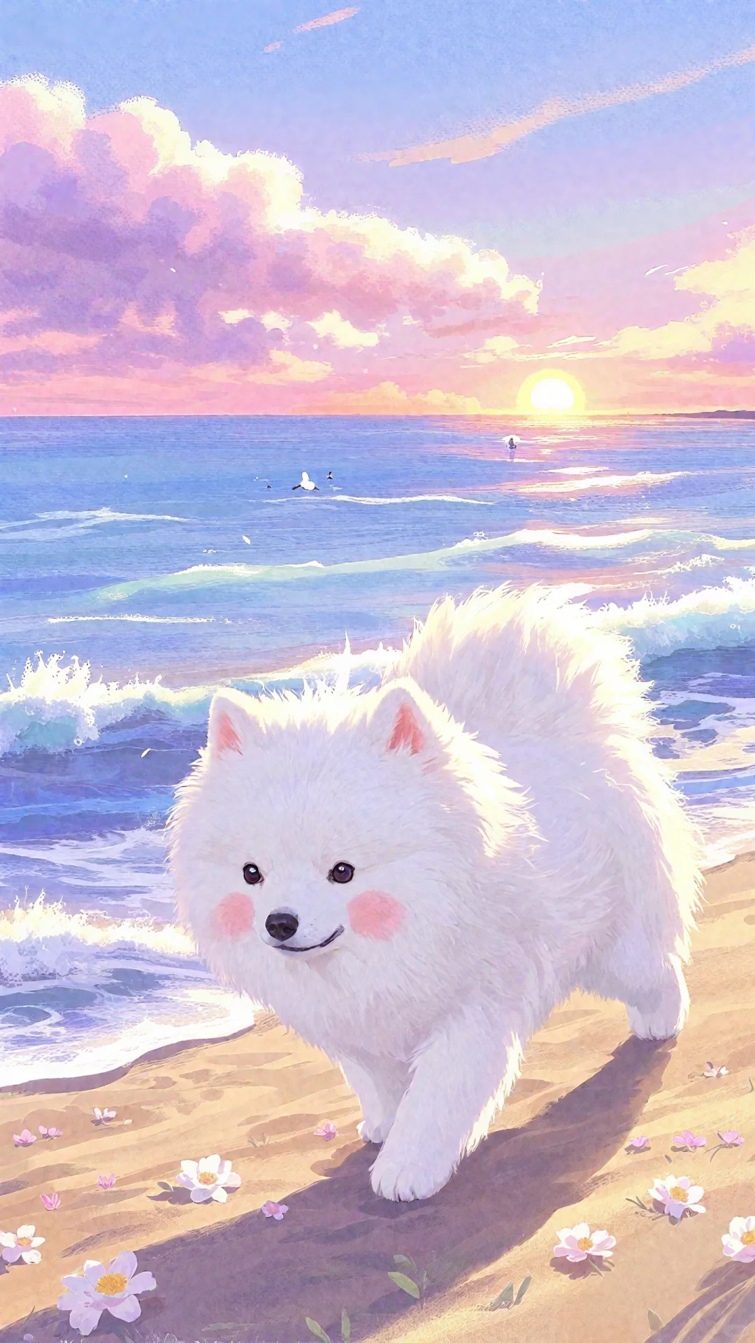 治愈插画壁纸丨🥥在海滩的椰耶！萨摩耶～