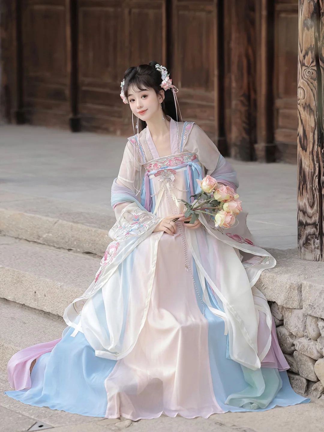 一眼惊艳的齐胸汉服，粉蓝配色～