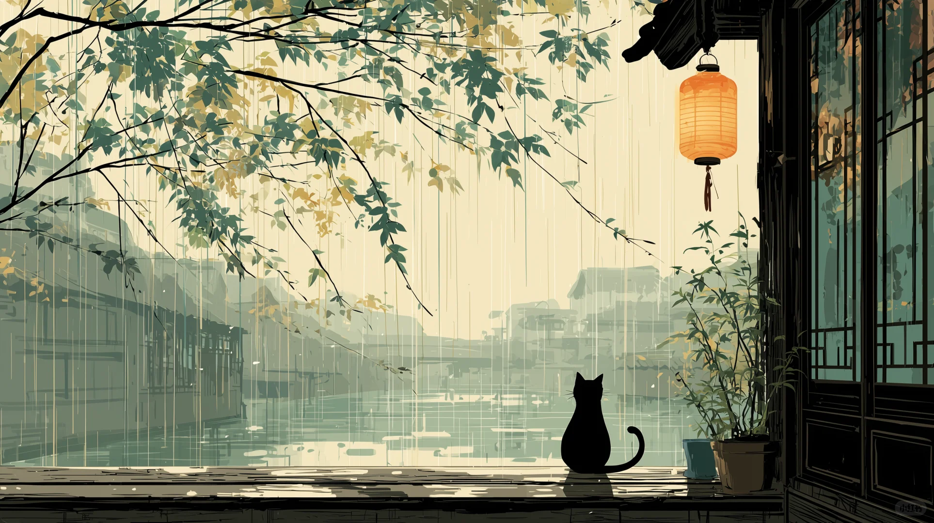雨中的江南与窗边的猫（桌面版）