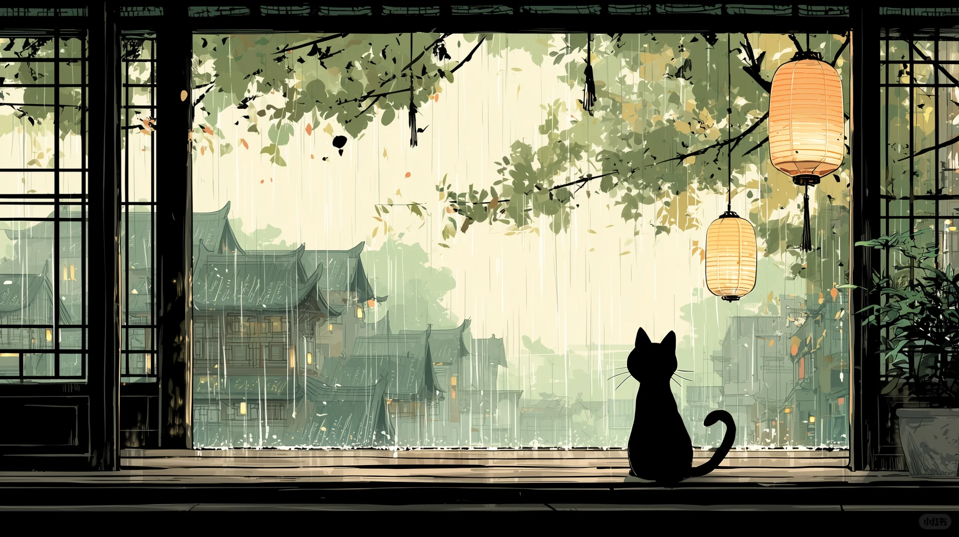 雨中的江南与窗边的猫（桌面版）