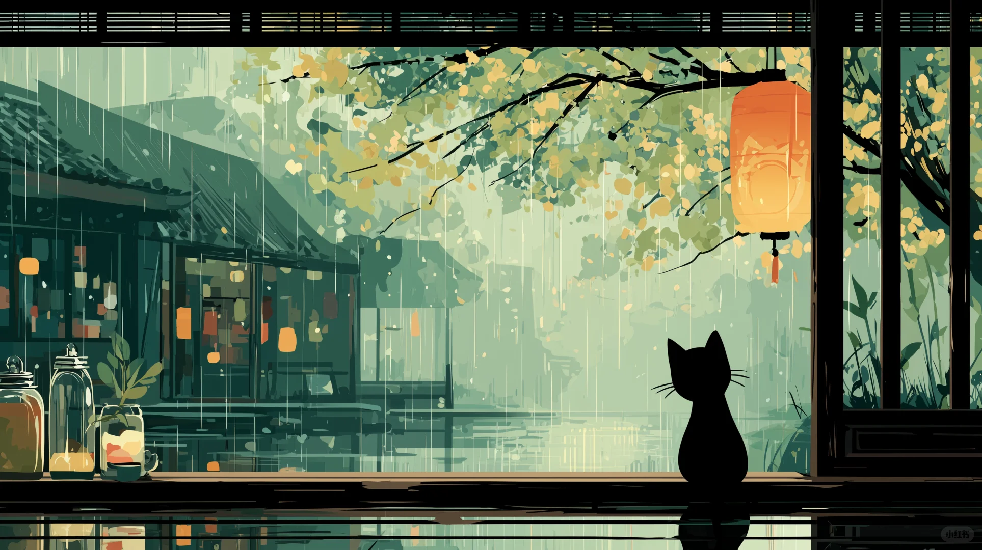 雨中的江南与窗边的猫（桌面版）
