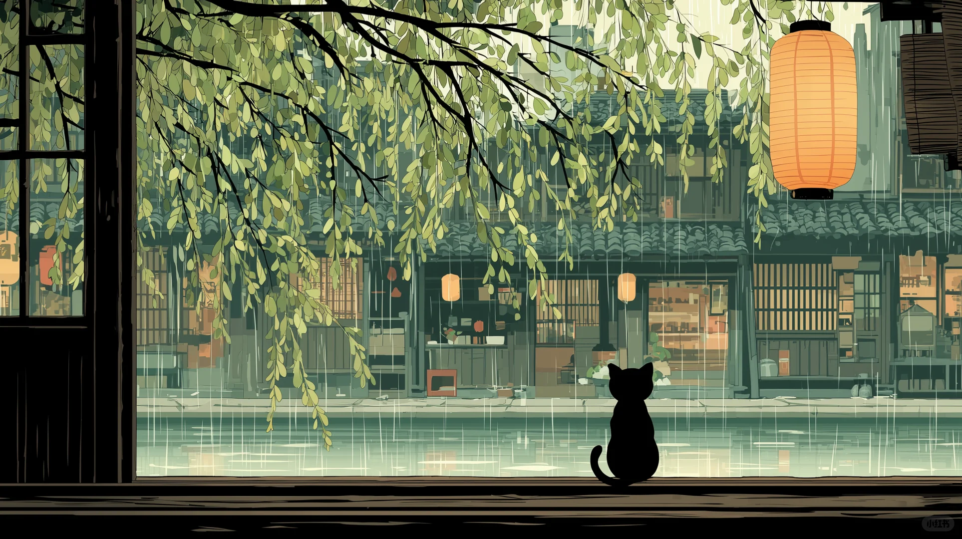 雨中的江南与窗边的猫（桌面版）