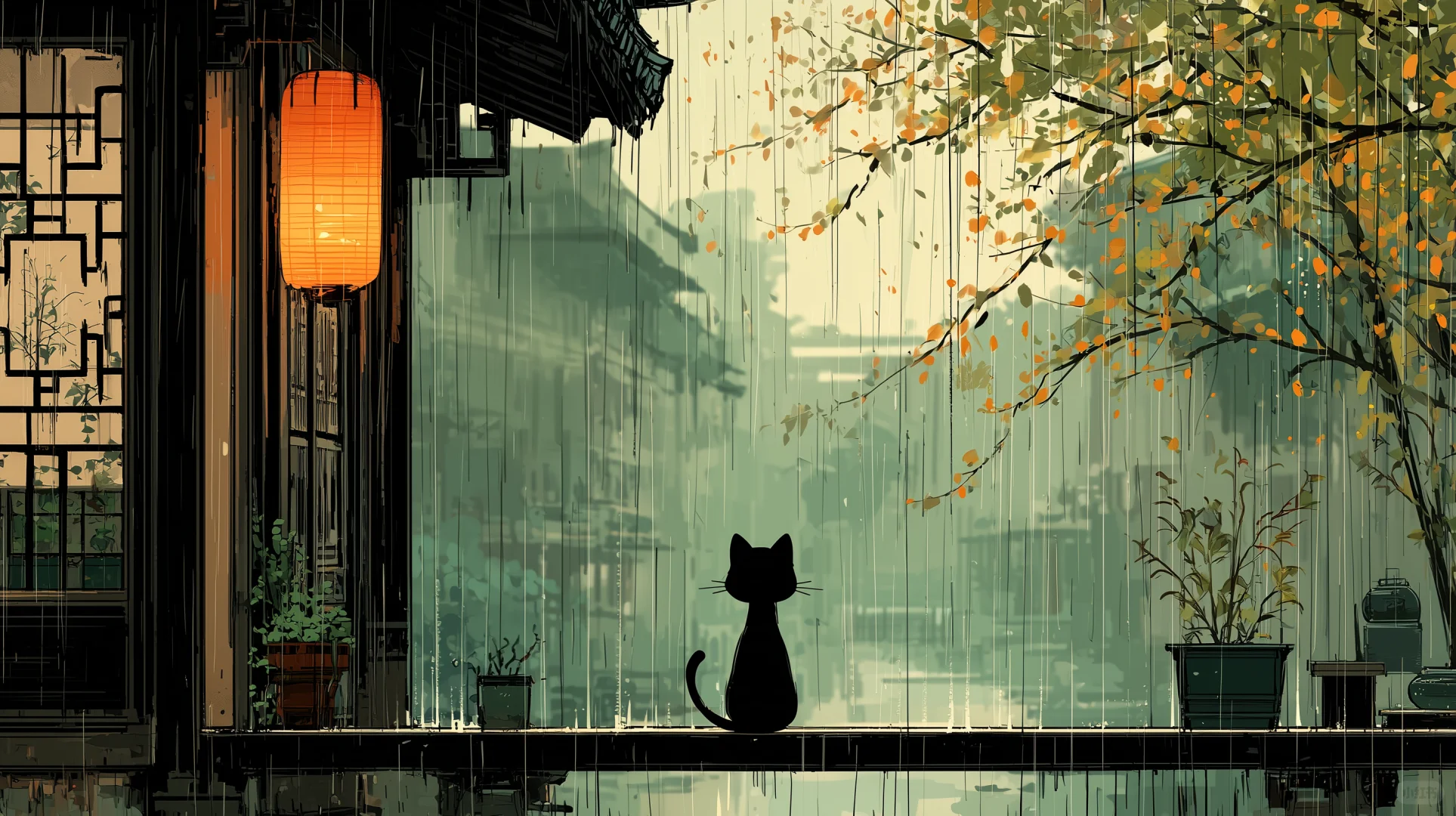 雨中的江南与窗边的猫（桌面版）