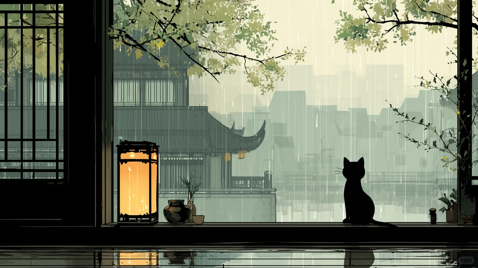 雨中的江南与窗边的猫（桌面版）