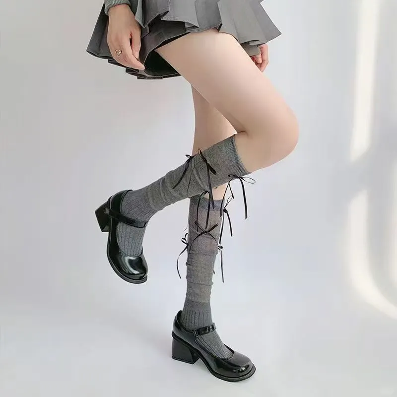 芭蕾风袜子绑带蝴蝶结过膝透气袜