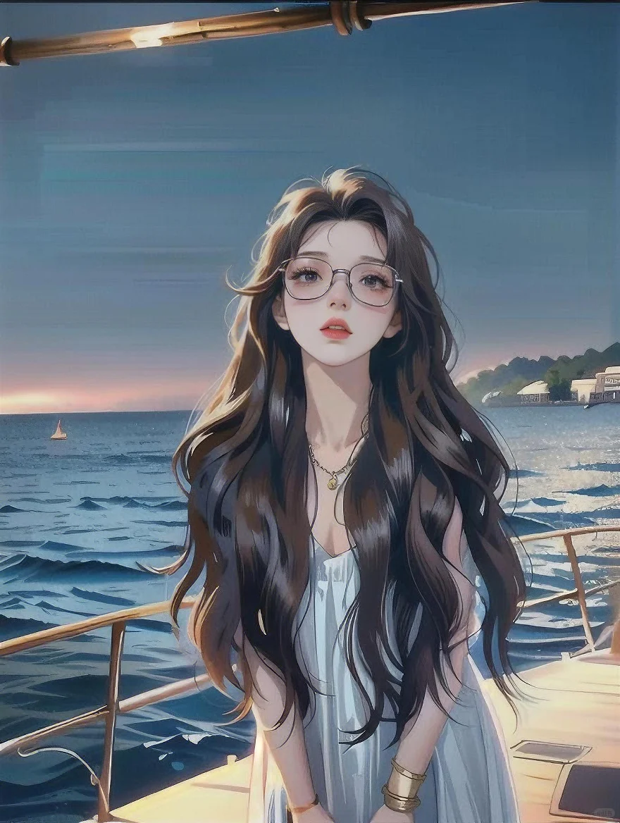 唯美意境插画，海上女孩治愈系
