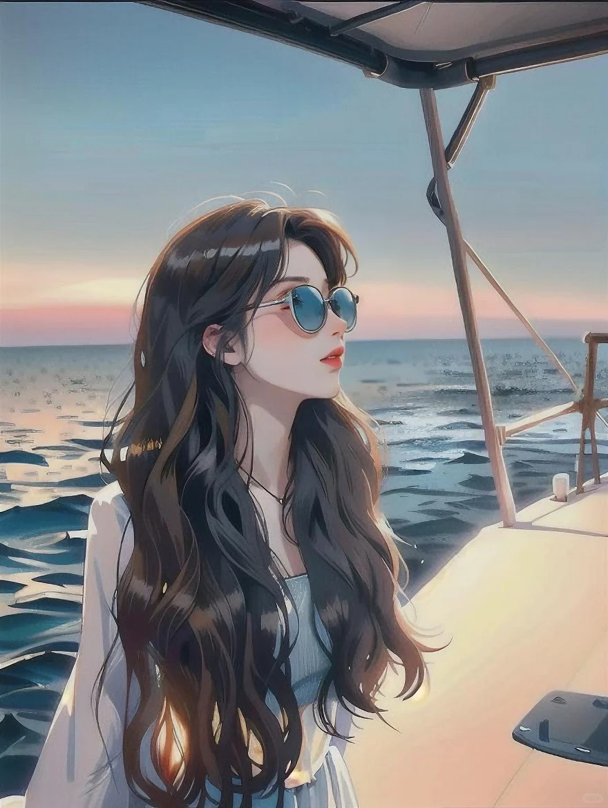 唯美意境插画，海上女孩治愈系