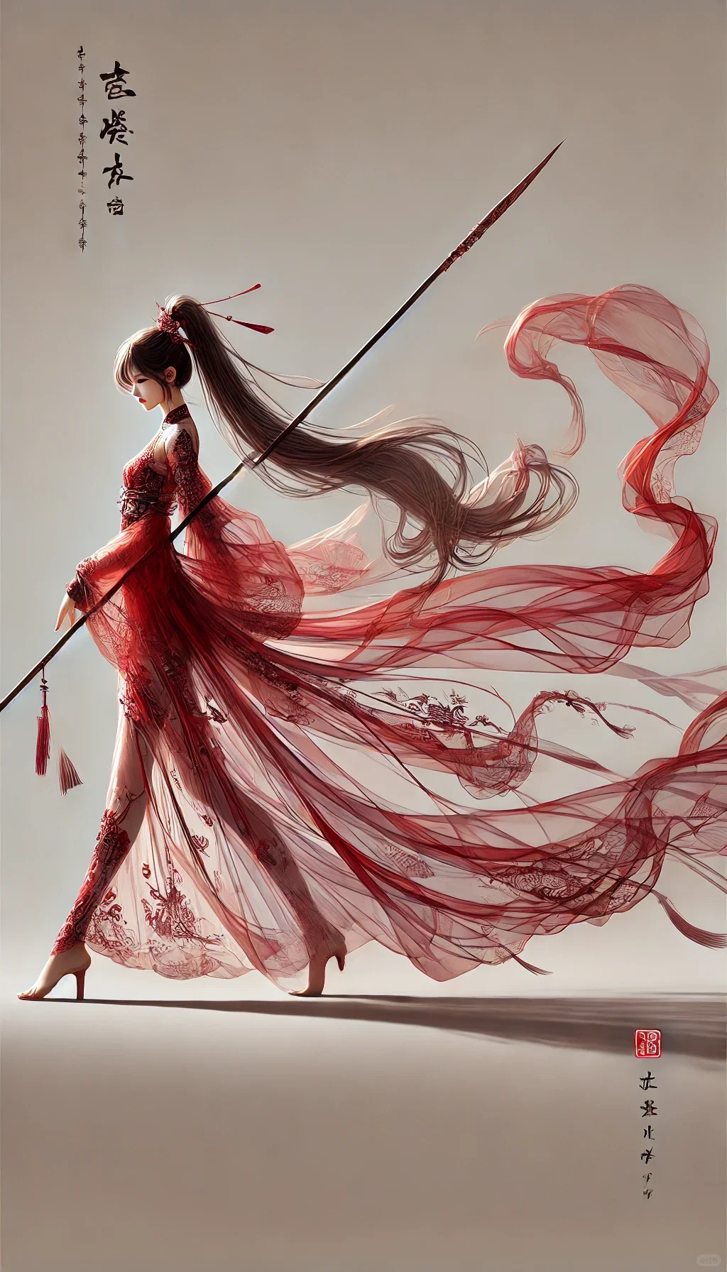 红衣女子，古典美与力量的交织