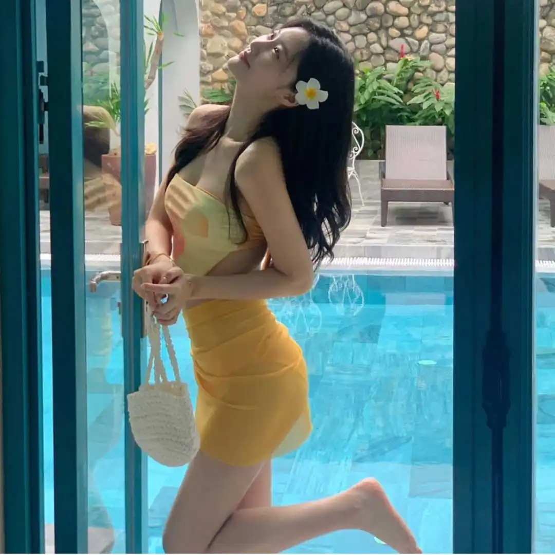 欧美性感抹胸比基尼女小胸聚拢显白黄橘拼三