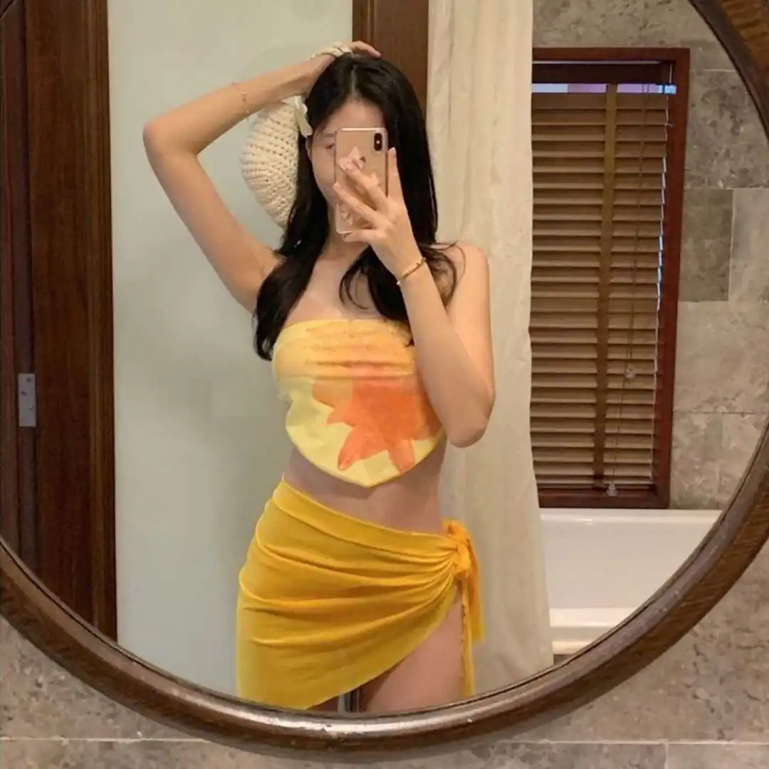 欧美性感抹胸比基尼女小胸聚拢显白黄橘拼三