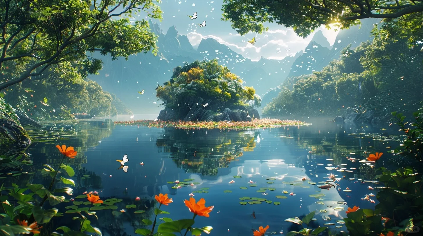 梦幻湖水｜湖心岛｜梦幻电脑壁纸