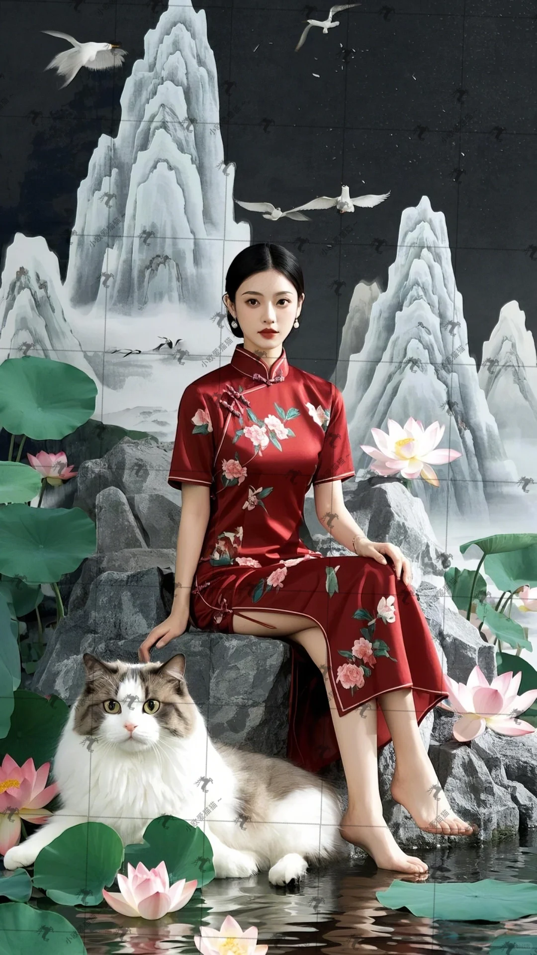 🎀中式水墨风 | 旗袍女子与萌猫的诗意栖居✨