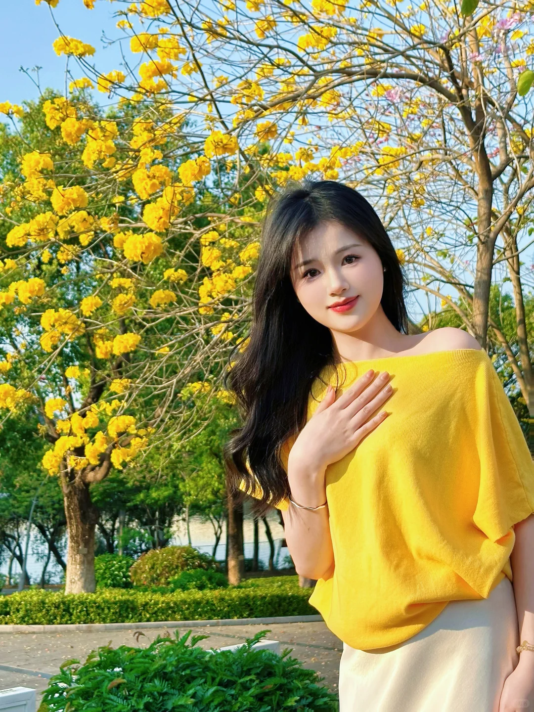 别再乱摆！这套拍照姿势与黄花风铃木绝配
