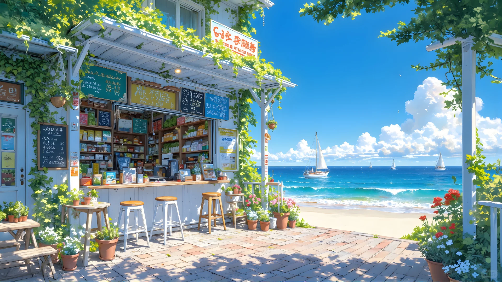 电脑壁纸001-晴空海风海边小屋