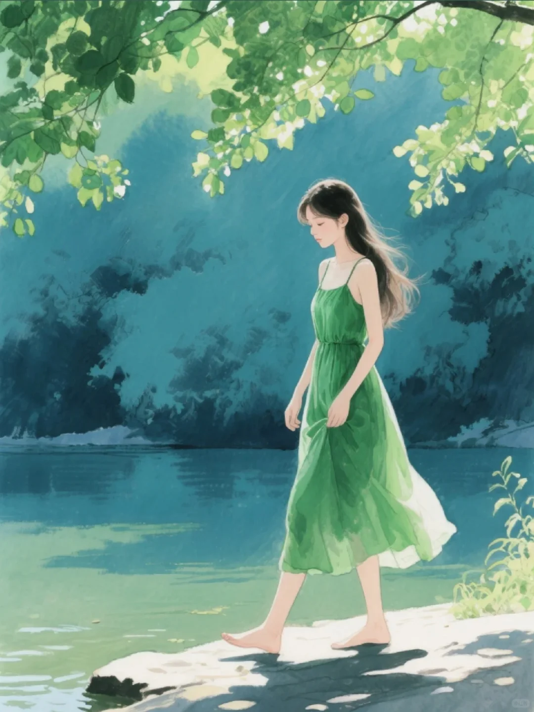 收集173：插画🌼河边的绿裙少女
