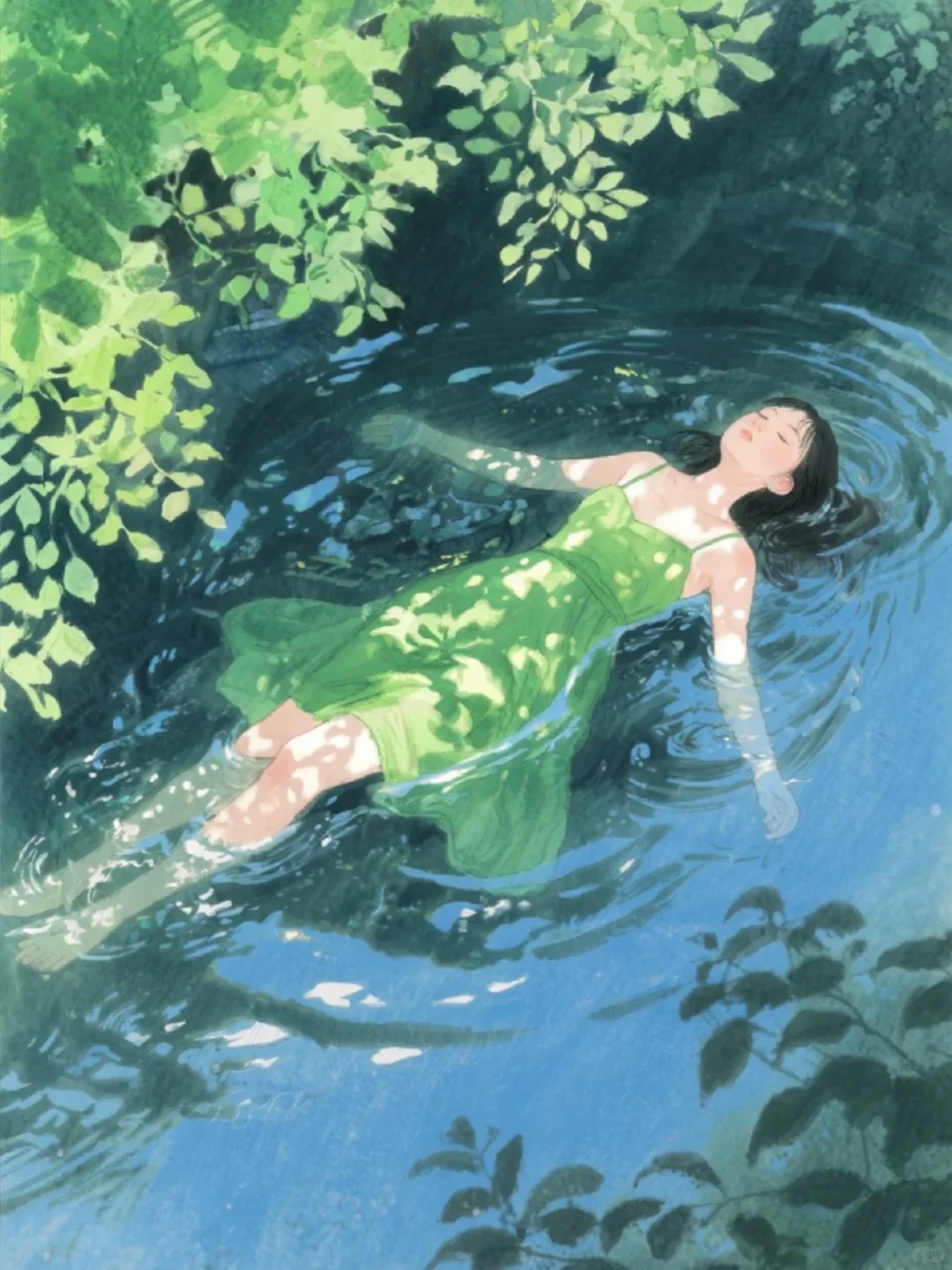 收集173：插画🌼河边的绿裙少女
