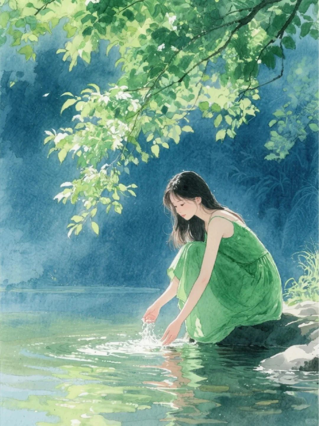 收集173：插画🌼河边的绿裙少女