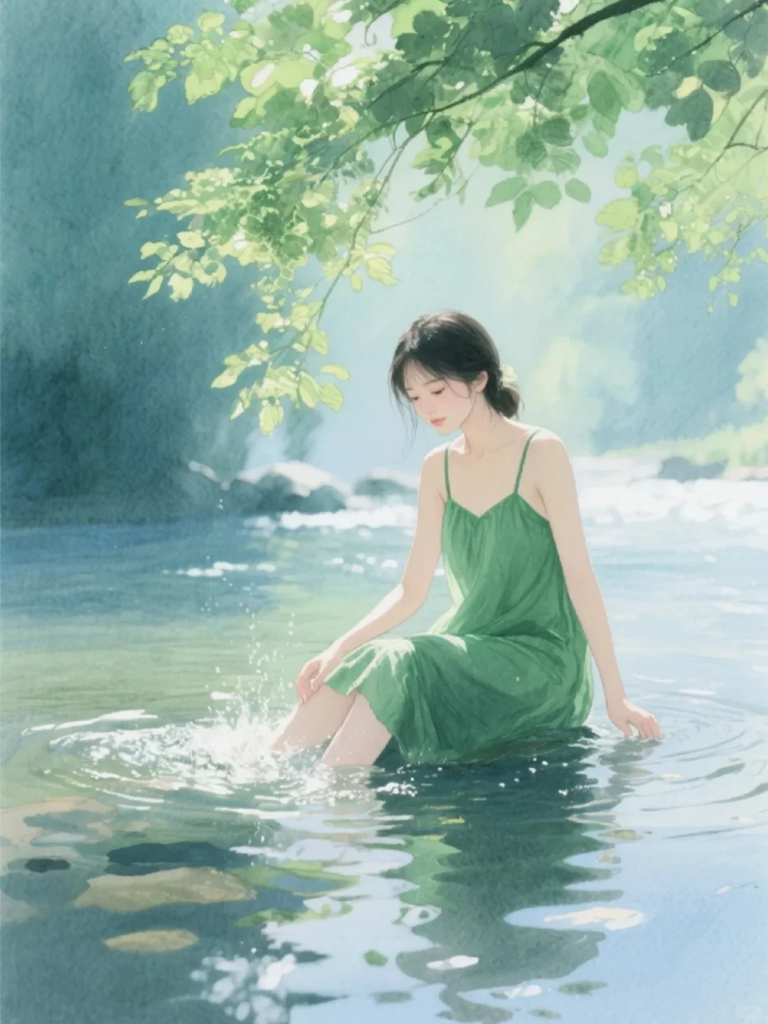 收集173：插画🌼河边的绿裙少女