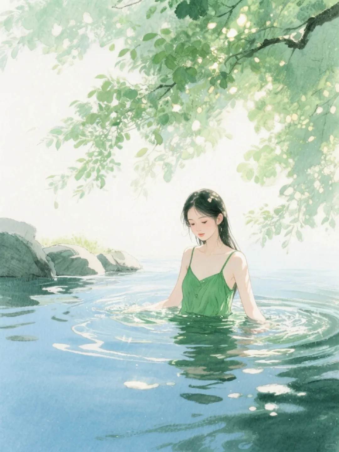 收集173：插画🌼河边的绿裙少女