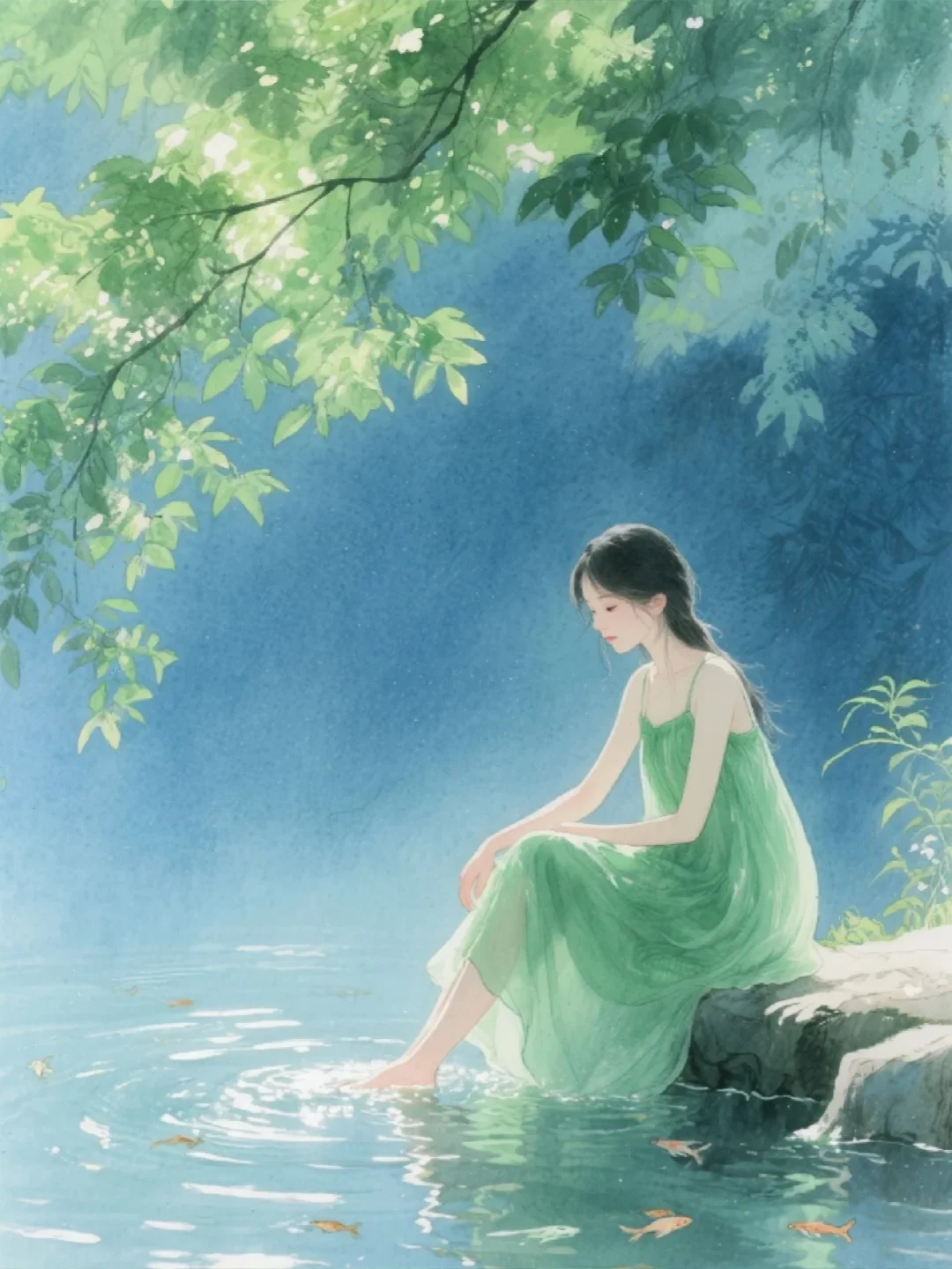 收集173：插画🌼河边的绿裙少女