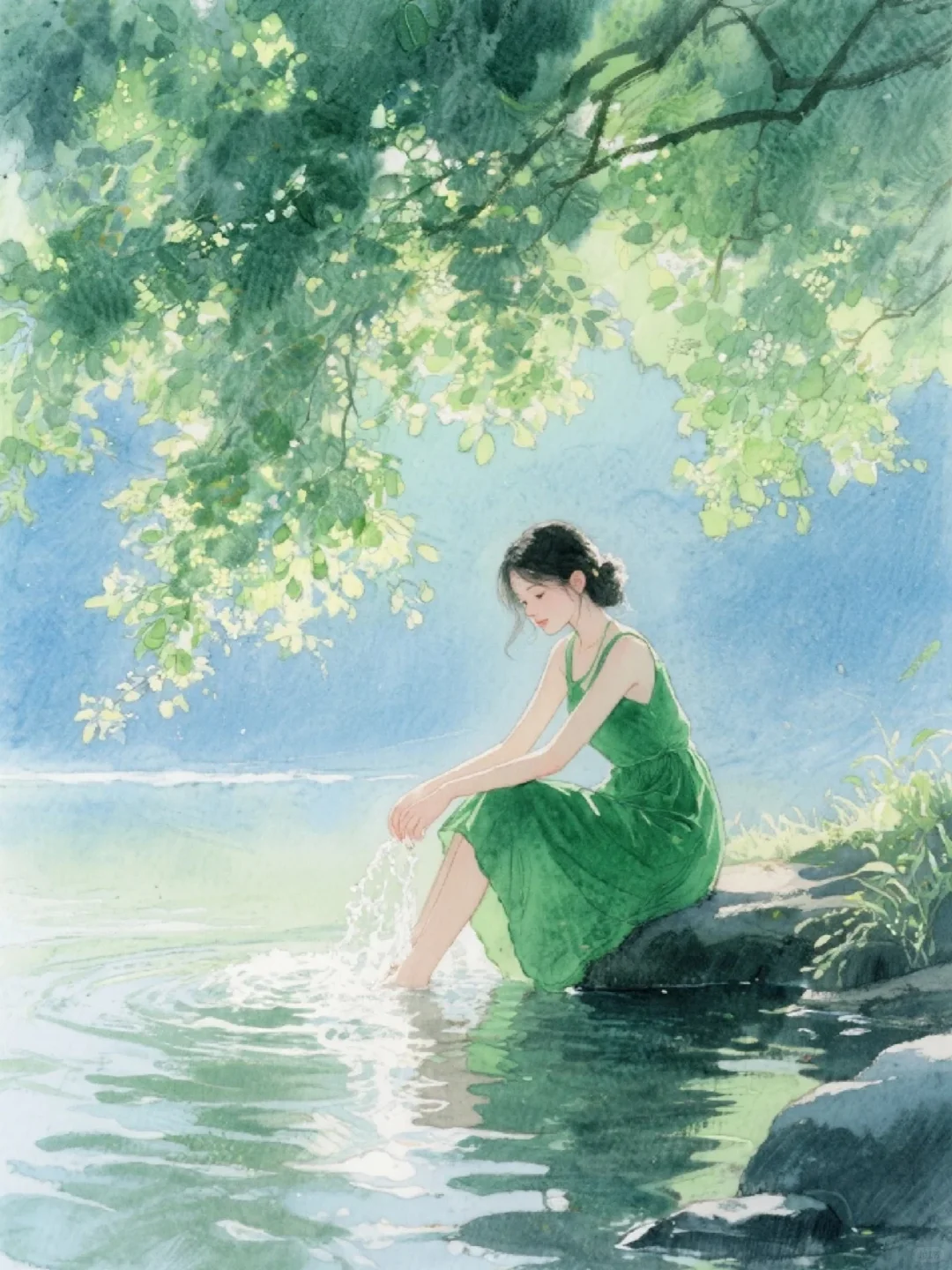 收集173：插画🌼河边的绿裙少女
