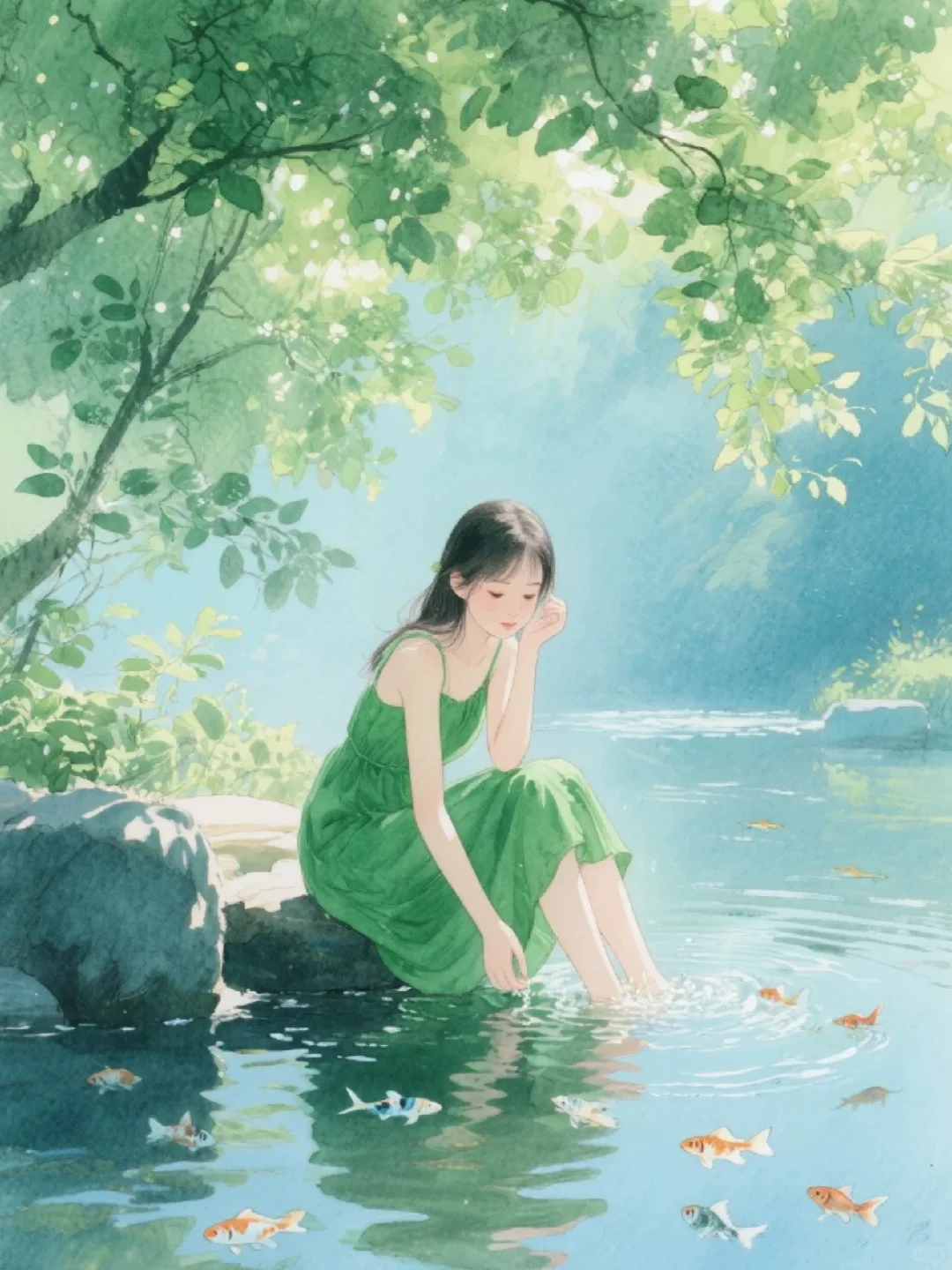 收集173：插画🌼河边的绿裙少女