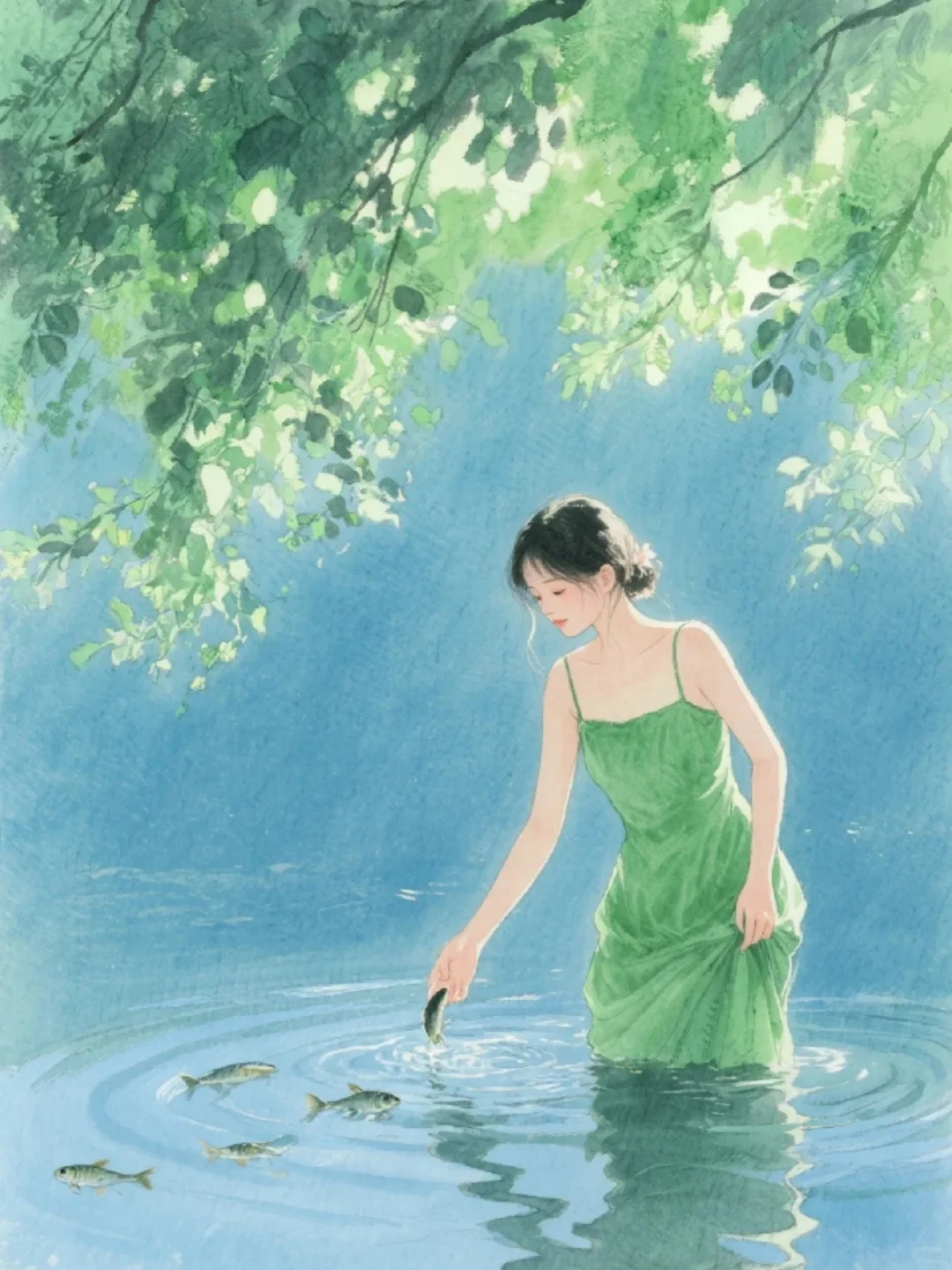 收集173：插画🌼河边的绿裙少女