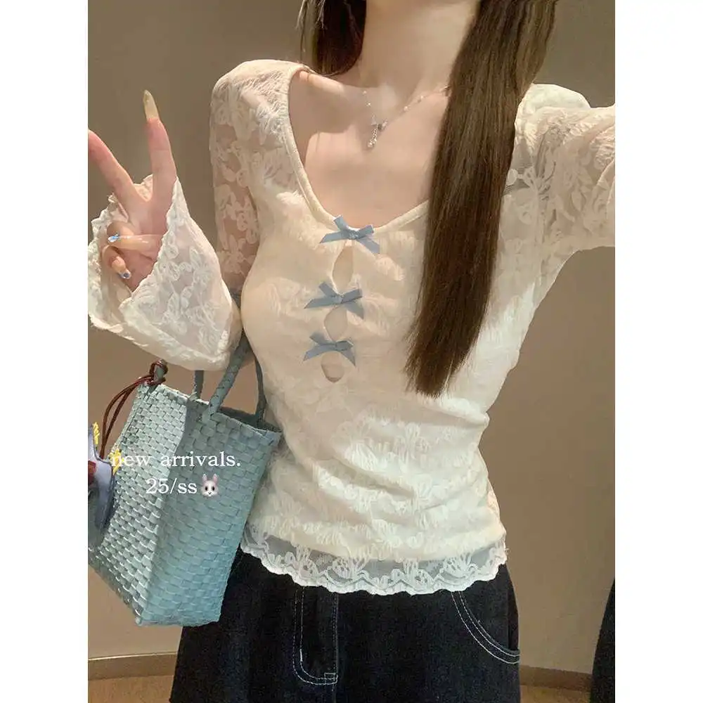 纯欲风miu系蕾丝拼接冰丝镂空短袖T恤女