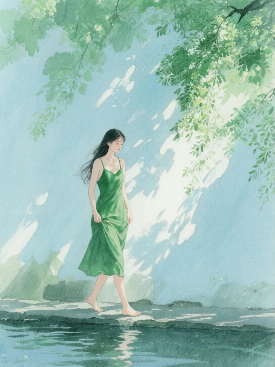 收集173：插画🌼河边的绿裙少女