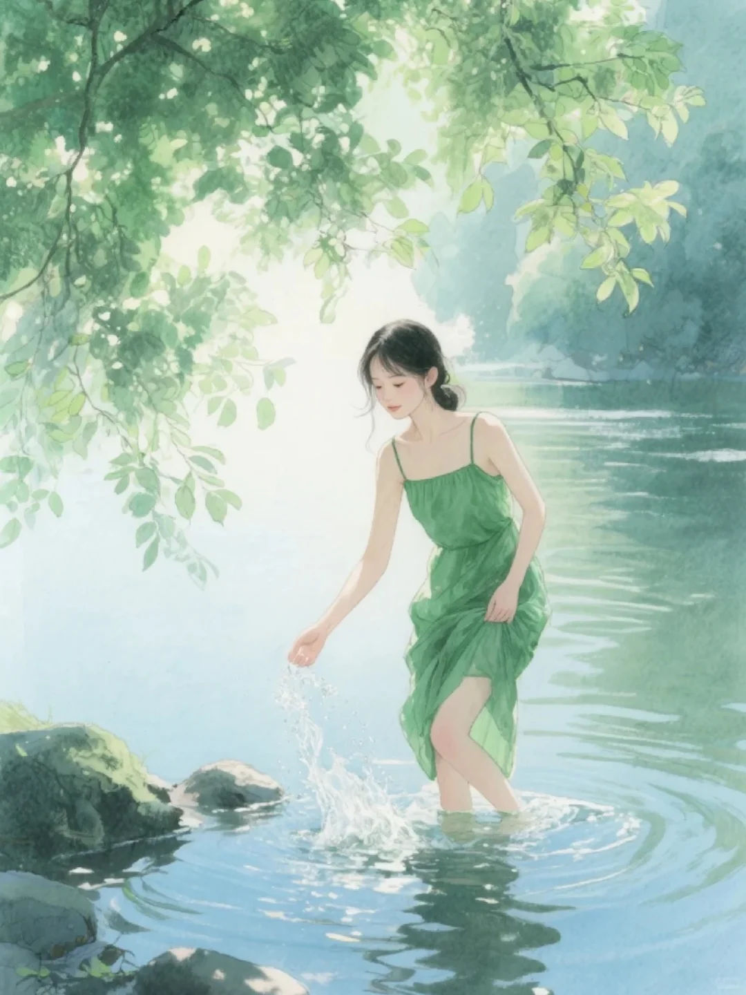 收集173：插画🌼河边的绿裙少女