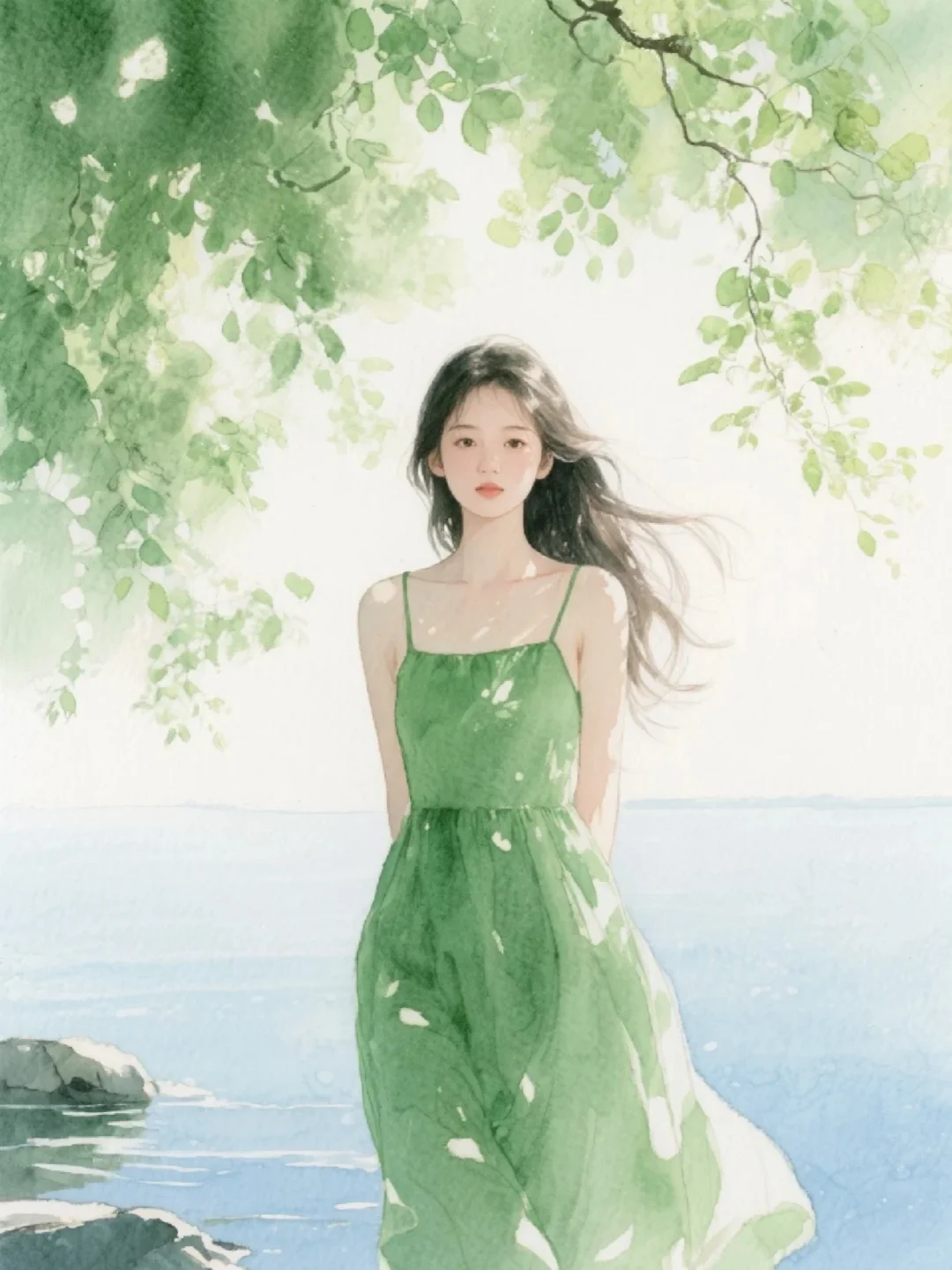 收集173：插画🌼河边的绿裙少女