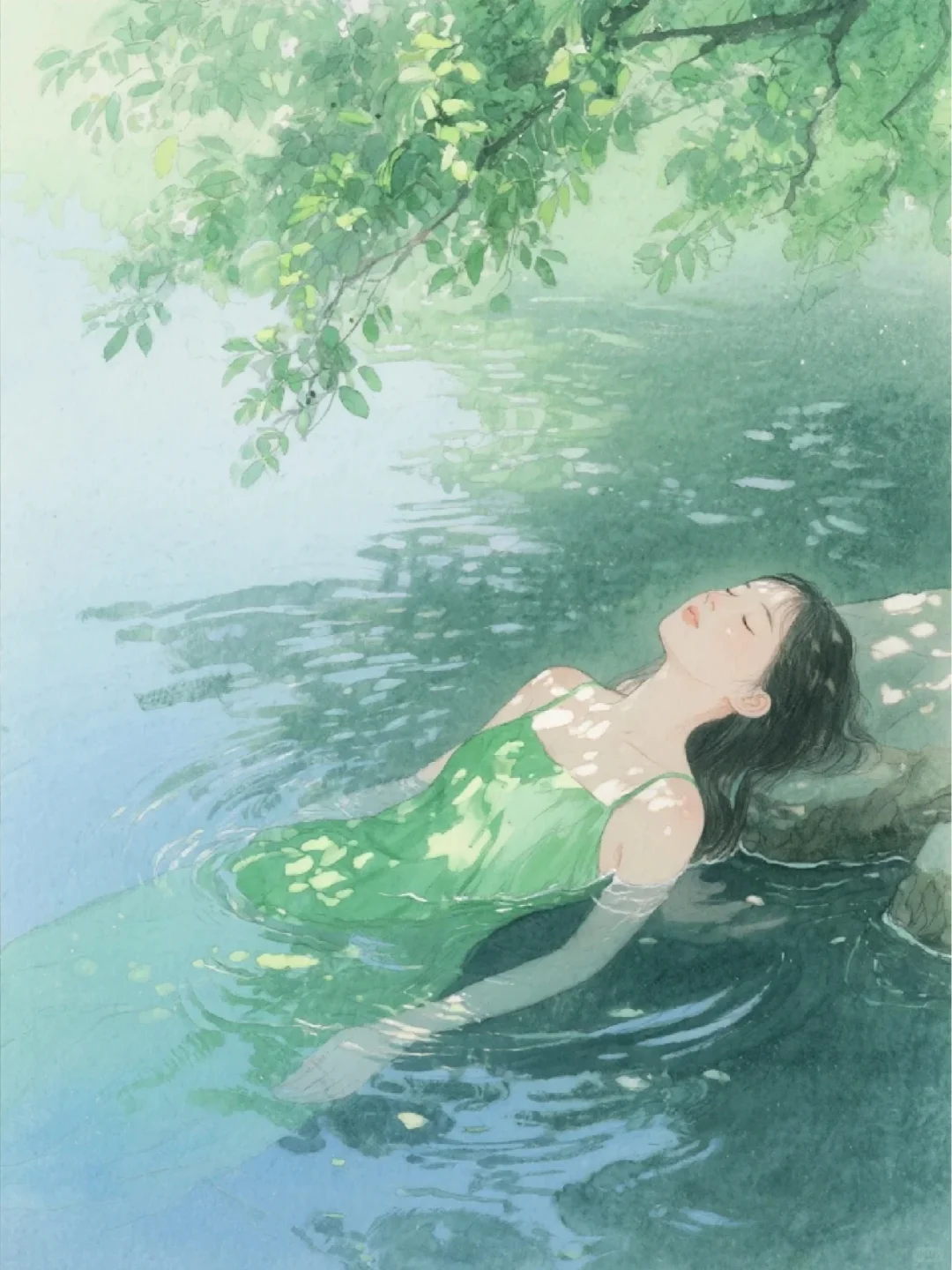 收集173：插画🌼河边的绿裙少女