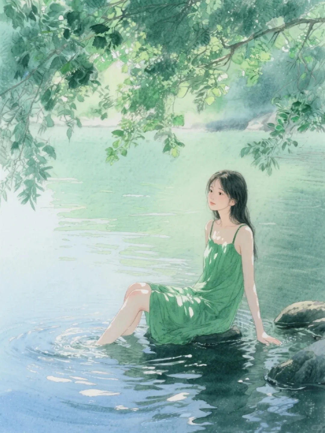 收集173：插画🌼河边的绿裙少女